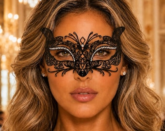 Black Cat Masquerade Mask for Women | Laser Cut Metal Venetian Mask with Crystal Rhinestones | Mardi Gras Prom Halloween Costume