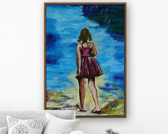 Girl On the Beach Minimalist Art, Large Original Painting For Kids on Canvas, Modern Beach Wall Art Decor: SUMMER