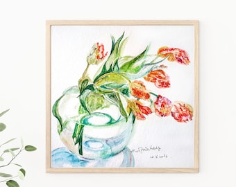 Watercolor Flowers Print, original watercolor floral print, watercolor floral art, watercolor wall decor: RED FLOWERS VASE