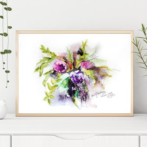 Watercolor Abstract Flowers Print, original watercolor print, watercolor purple green bouquet art, modern wall decor: SPRING FLOWERS