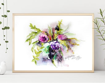 Watercolor Abstract Flowers Print, original watercolor print, watercolor purple green bouquet art, modern wall decor: SPRING FLOWERS