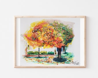 Watercolor landscape art, wall art, autumn scenery art: FALL TREES