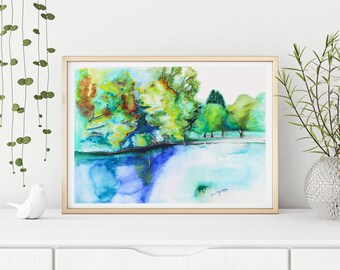 Watercolor Landscape Print, original watercolor print, watercolor abstract art, modern wall decor: GREEN SUMMER