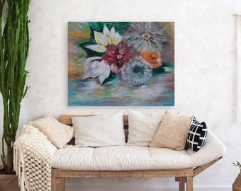 Oversized Floral Abstract Painting Minimalist Art, Large Original Painting on Canvas, Modern Wall Art Decor: RIVER FLOWERS