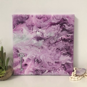 Keyshell, 8 x 8 Fluid Art on Canvas, Mixed Media Art, Seashell Art, Wall Art, Acrylic on Canvas