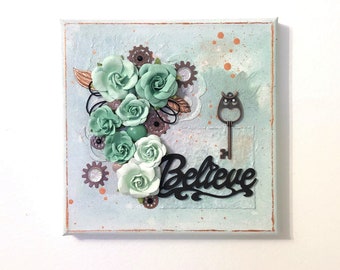 Believe (green roses) 8 x 8 Original Mixed Media Collage, Assemblage Painting, Art On Canvas, Wall Art, Roses in Art, Art To Inspire