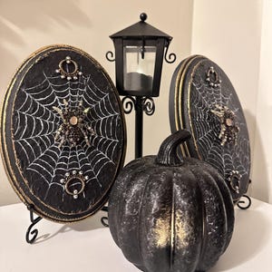 Spider, Gothic Spider Web Wall or Table Art, Spider Decor with Jewels, Hand Painted Web on Textured Black Wood, Dark Aesthetic Home Decor