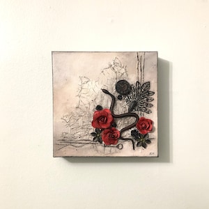 The Garden, 8 x 8 Mixed Media Assemblage with Acrylic on Heavy Duty Canvas, Trinket Art,  Wall Art, Room Décor, Hand painted/made