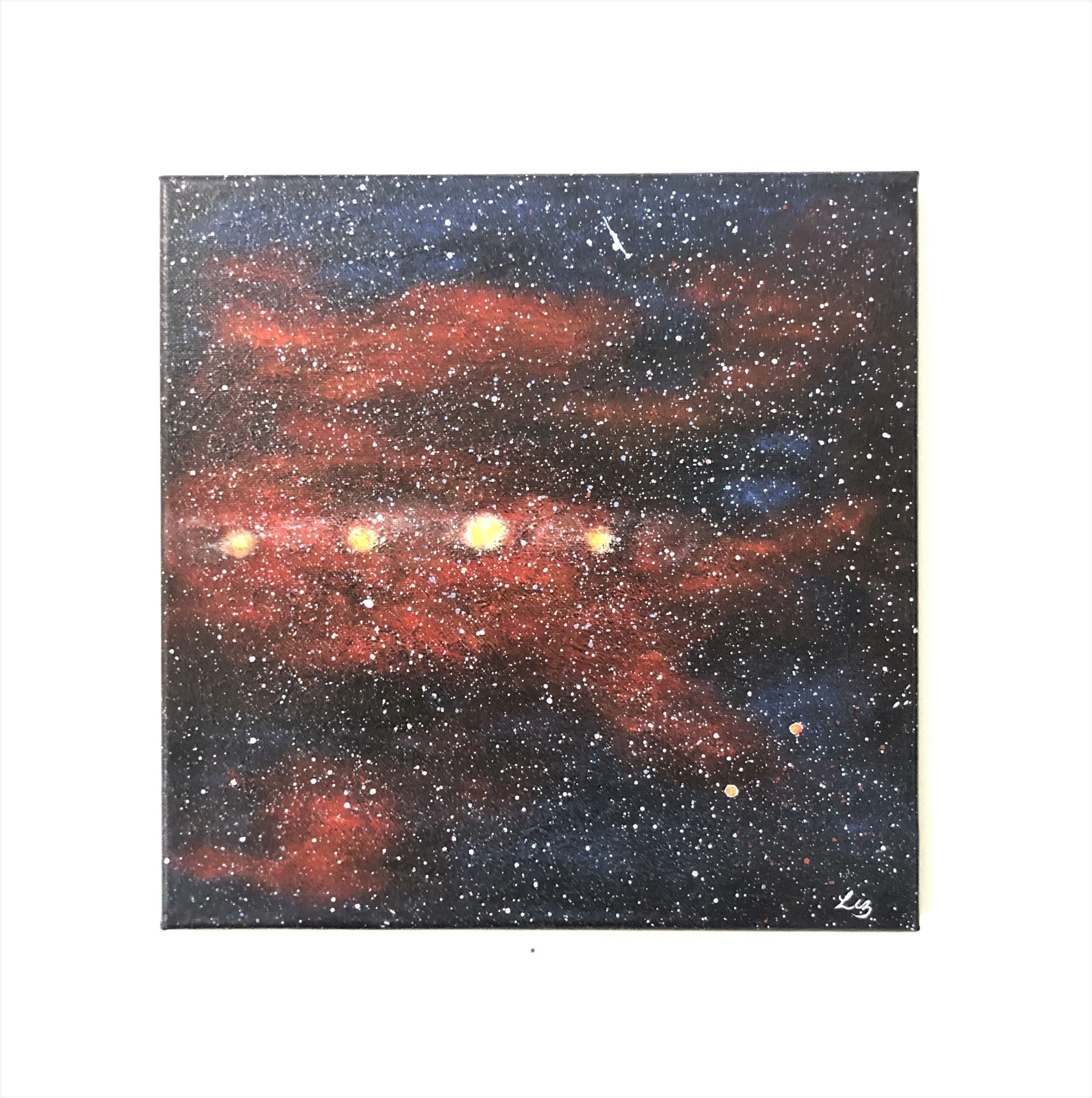 コスモスアクリル画、テクスチャーのある抽象的な宇宙アート（12x12 