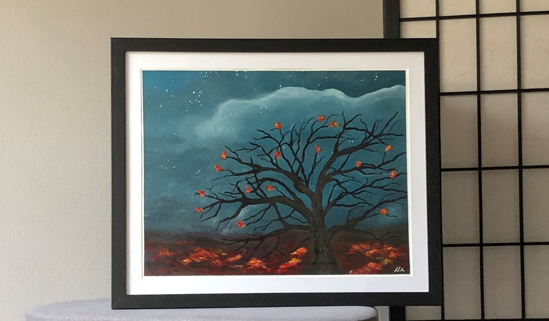 秋の木のアクリル画 秋の木のアクリル画、額入り秋の装飾、11x14インチのキャンバス - Etsy