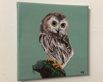 New Wisdom, 8 x 8 Acrylic on Canvas, Owl Painting, Wall Art, Contemporary Art, Wildlife Room Decor, 8 x 8 Canvas