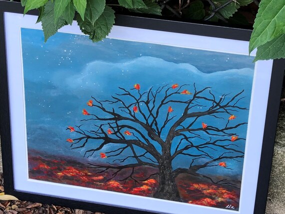 秋の木のアクリル画、額入り秋の装飾、11x14インチのキャンバス - Etsy