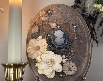 Vintage Floral Cameo Wall Art, Cottagecore Mixed Media Decor, Shabby Chic Wood Plaque, Handmade, Stand or Wall Hanging