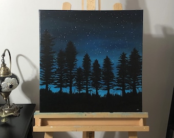 Night Forest Acrylic Painting, 20x20 Canvas Wall Art