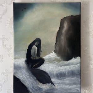 Veil Between the Waves, 12 x 16, olieverf op gespannen doek, zeemeermin en zeeschilderij, kunst aan de muur, zeekunst