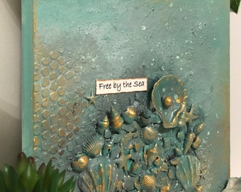 Free by The Sea, 8 x 8 Mixed Media Assemblage with Acrylic on Wooden Canvas, Trinket Art, Wall Art, Room Décor, Hand painted/made