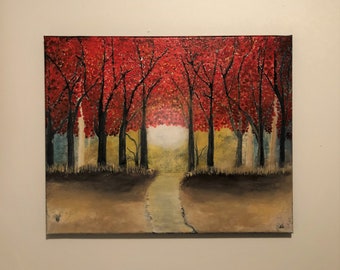 Crimson Leaves, 16 x 20 Acrylic Art on Heavy Duty Canvas, Abstract Nature Art, Original Painting, Wall Art