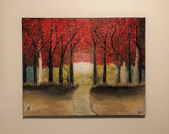 Crimson Leaves Acrylic Painting, Abstract Nature Art (16 x 20)
