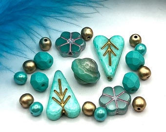 Turquoise Heart Leaves, Curated Czech Glass Beads, Mixed Lot Beads, Jewelry Supply
