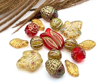 Red Tulip Floral Bead Mix, Acorns and Leaves, Mixed Lot Bead Mix, Premium Czech Glass Beads, Jewelry Supply