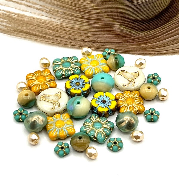 Sunny Garden Beads, Ivory Bird Bead, Premium Czech Glass, Jewelry Supply