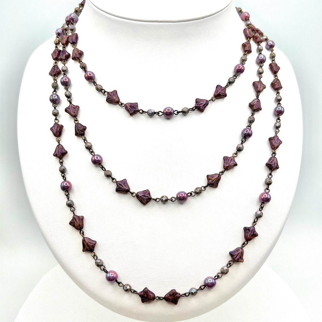 Purple Daylily Bead Chain, Czech Glass Beaded Chain, Floral Bead Chain