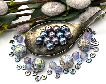 Silver Blue Bead Mix, Czech Glass Beads, Mixed Lot Beads, Jewelry Making Supply