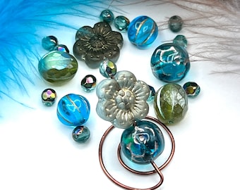 Turquoise and Kiwi Green Bead Mix, 14 mm Wild Rose, Mixed Lot Beads, Premium Czech Glass, Jewelry Supply