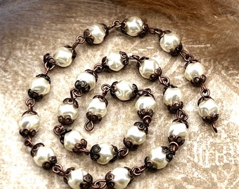 6 mm Pearlescent White Chain, Rosary Chain, Czech Glass Beaded Chain, Jewelry Findings, Jewelry Chain 6" piece