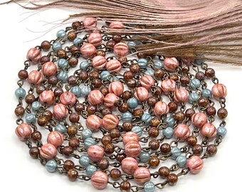 Pink with Sage Beaded Chain, Czech Glass Bead Chain, Jewelry Chain in Findings, Spring Bead Chain