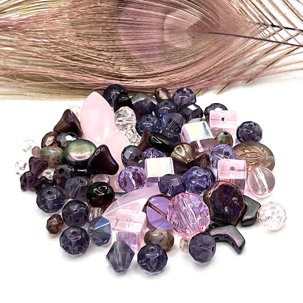 Lavender Pink Shimmer, Mixed Lot Beads, Bead Soup, Glass and Crystal Beads, 42 Grams