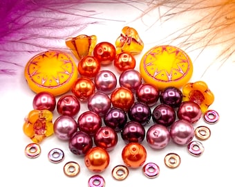 Tangerine Star of Ishtar, Magenta and Yellow Beads, Mixed Lot Beads, Premium Czech Glass Beads
