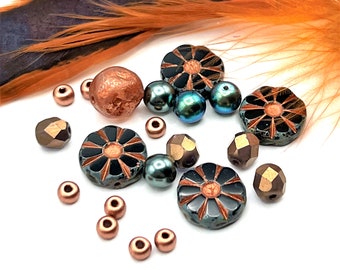Kelly Green and Copper Bead Mix, Sunflower Bead Mix, Premium Czech Glass, Jewelry Supply