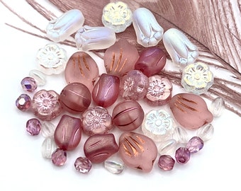 Rose Floral Bead Mix, Blush Pink and White Beads, Spring Beading, Premium Czech Glass, Jewelry Supply