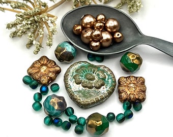 Turquoise Heart, 9 mm Square Zinnia, Mixed Lot Beads, Czech Glass Beads, Jewelry Making Supply