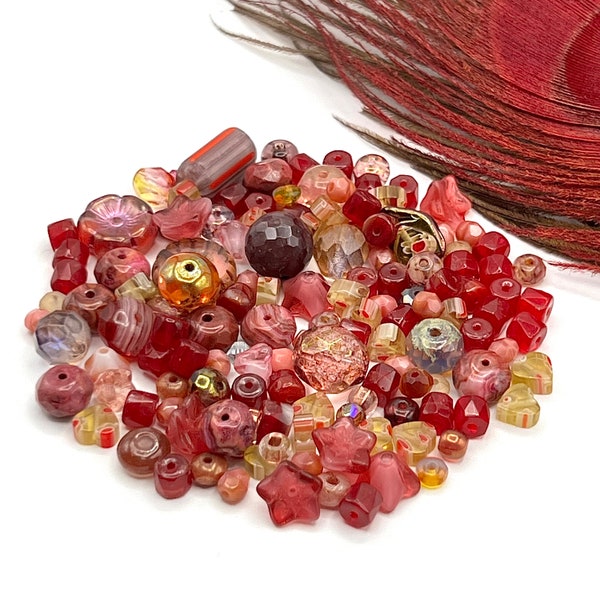 OOAK Bead Soup, Mixed Lot Beads, Raspberry Czech Glass, Jewelry Supply,