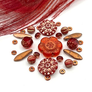 Tangerine Copper Wild Rose, Dahlias, Fall Bead Mixed Lot, Premium Czech Glass, Jewelry Supply