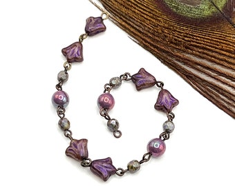 Purple Daylily Czech Glass Beaded Chain: Antique Brass Wire Wrap