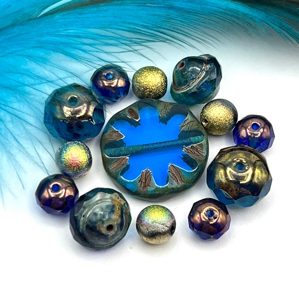 Aegean Blue Pinwheel, Mixed Lot Bead Mix, Premium Czech Glass, Jewelry Supply