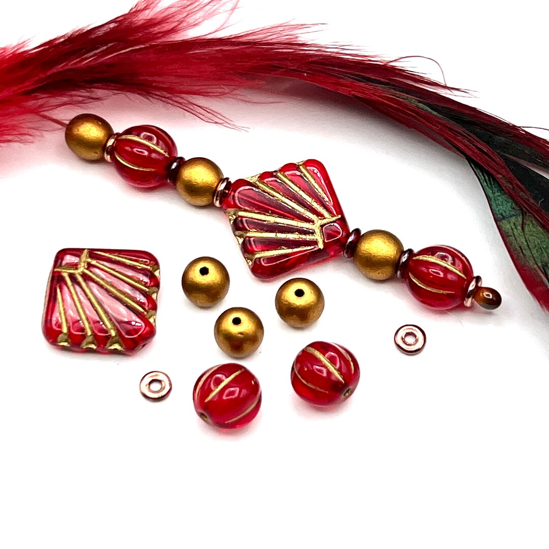 Cherry Red and Gold Deco Beads, Mixed Lot Bead Mix, Premium Czech Glass