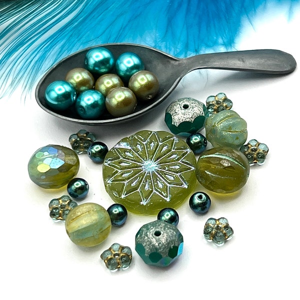 Lime Cactus Bead, Kiwi Green and Turquoise Bead Mix, Premium Czech Glass, Jewelry Making Beads