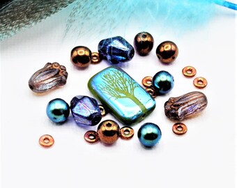 Winter Trees Laser Tattoo, Tahitian Blue Bronze Bead Mix, Premium Czech Glass Beads, Jewelry Designers Kit