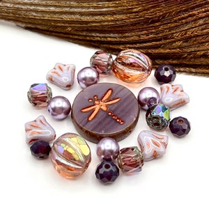 Lavender Peach Bead Mix, Dragonfly Coin Bead, Mixed Lot Beads, Premium Czech Glass, Jewelry Supply