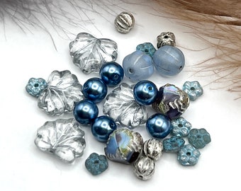 Crystal Silver Maple Leaves, Blue Ice Mixed Lot, Premium Czech Glass, Winter Bead Mix