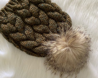 Womens Cable Beanie, Slouchy Knit Hat, Hat with Faux Fur Pom Pom
