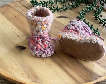 Newborn Booties, Rainbow Booties with Suede Soles