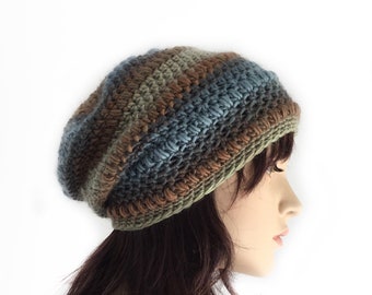 Blue and Brown Slouchy Beanie Womens Wool Crochet Hat