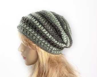 Grey Slouchy Beanie Womens Wool Crochet Hat