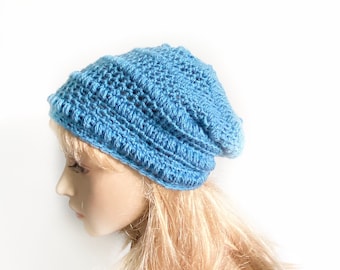 Blue Womens Crochet Slouchy Beanie Hat