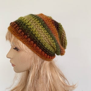 Womens Crochet Slouchy Beanie Hat, Green and Brown Warm Beanie,